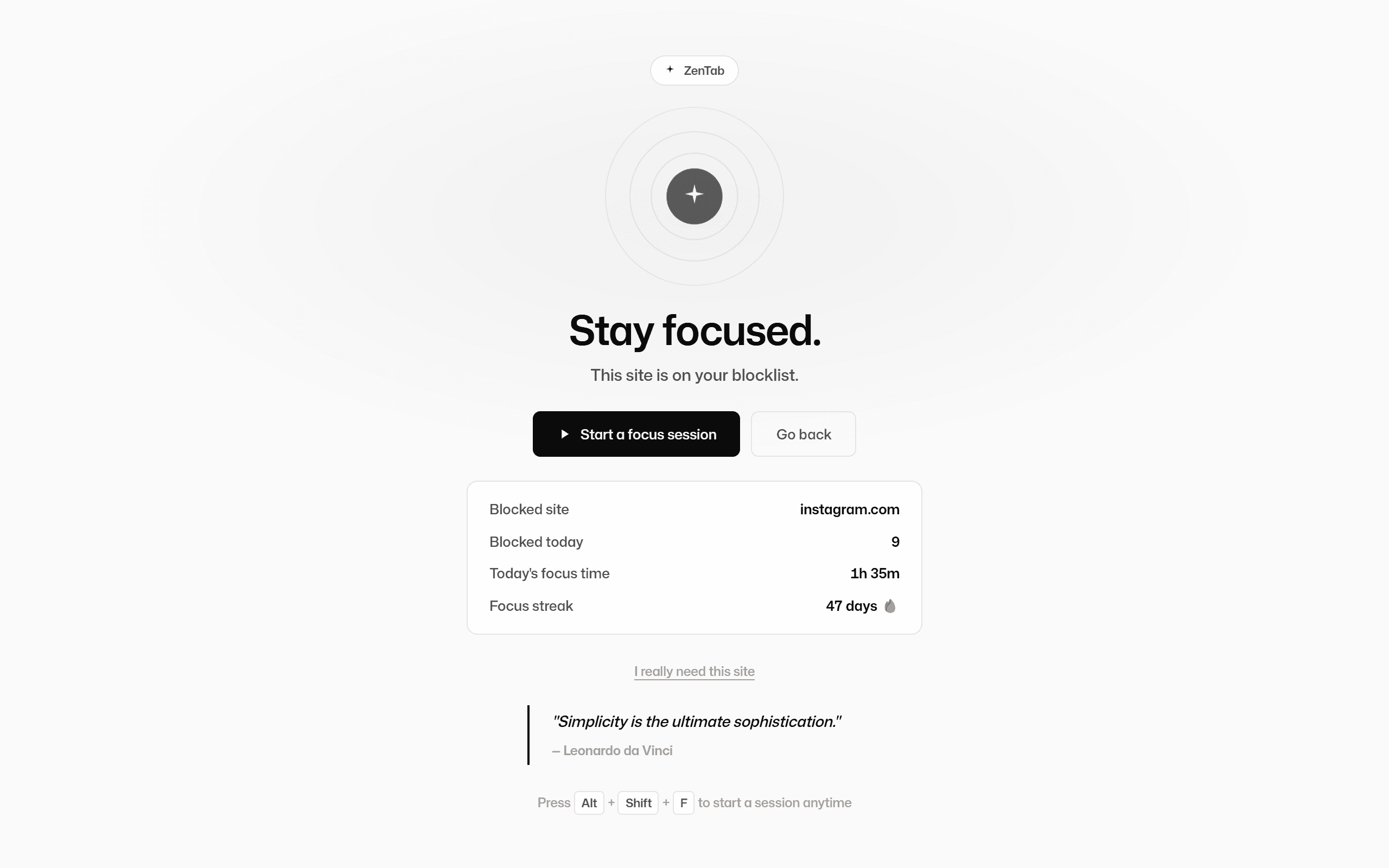 ZenTab block page on instagram.com with a Start a focus session button and today's stats
