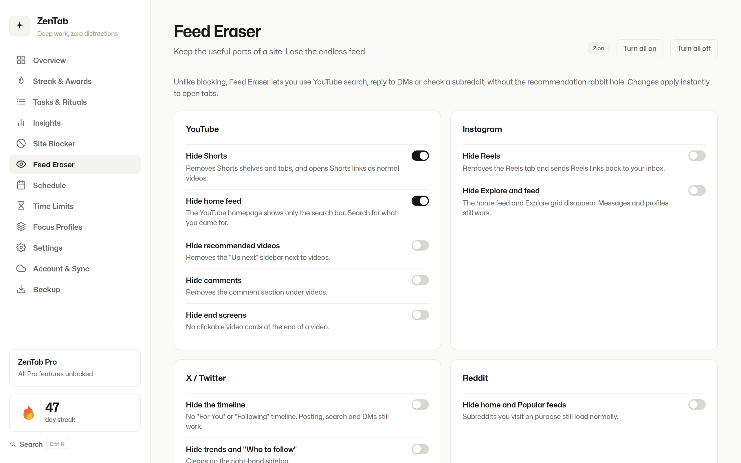 ZenTab Feed Eraser settings with YouTube Shorts and the home feed hidden