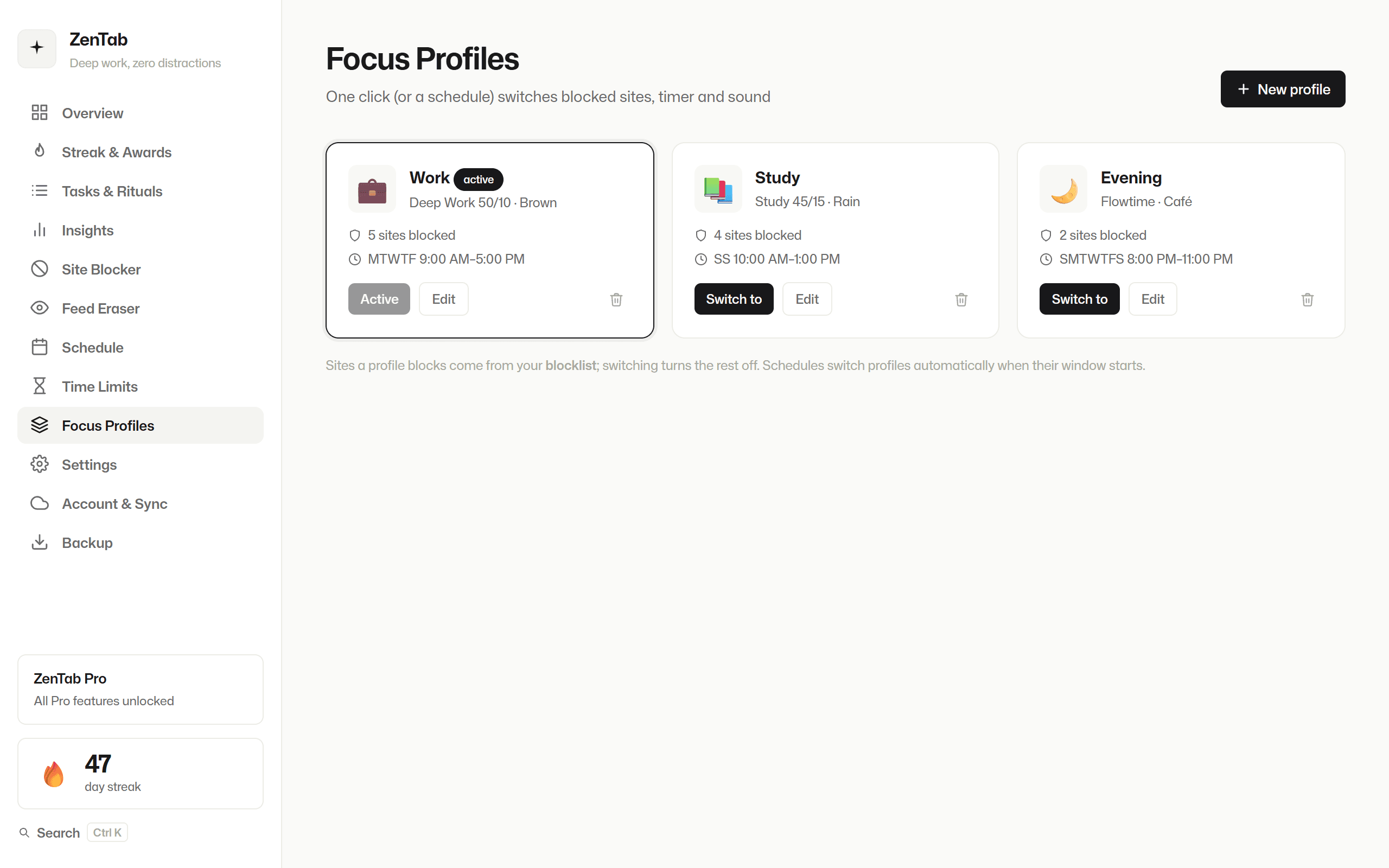 ZenTab Focus Profiles with Work, Study and Evening profiles and their schedules