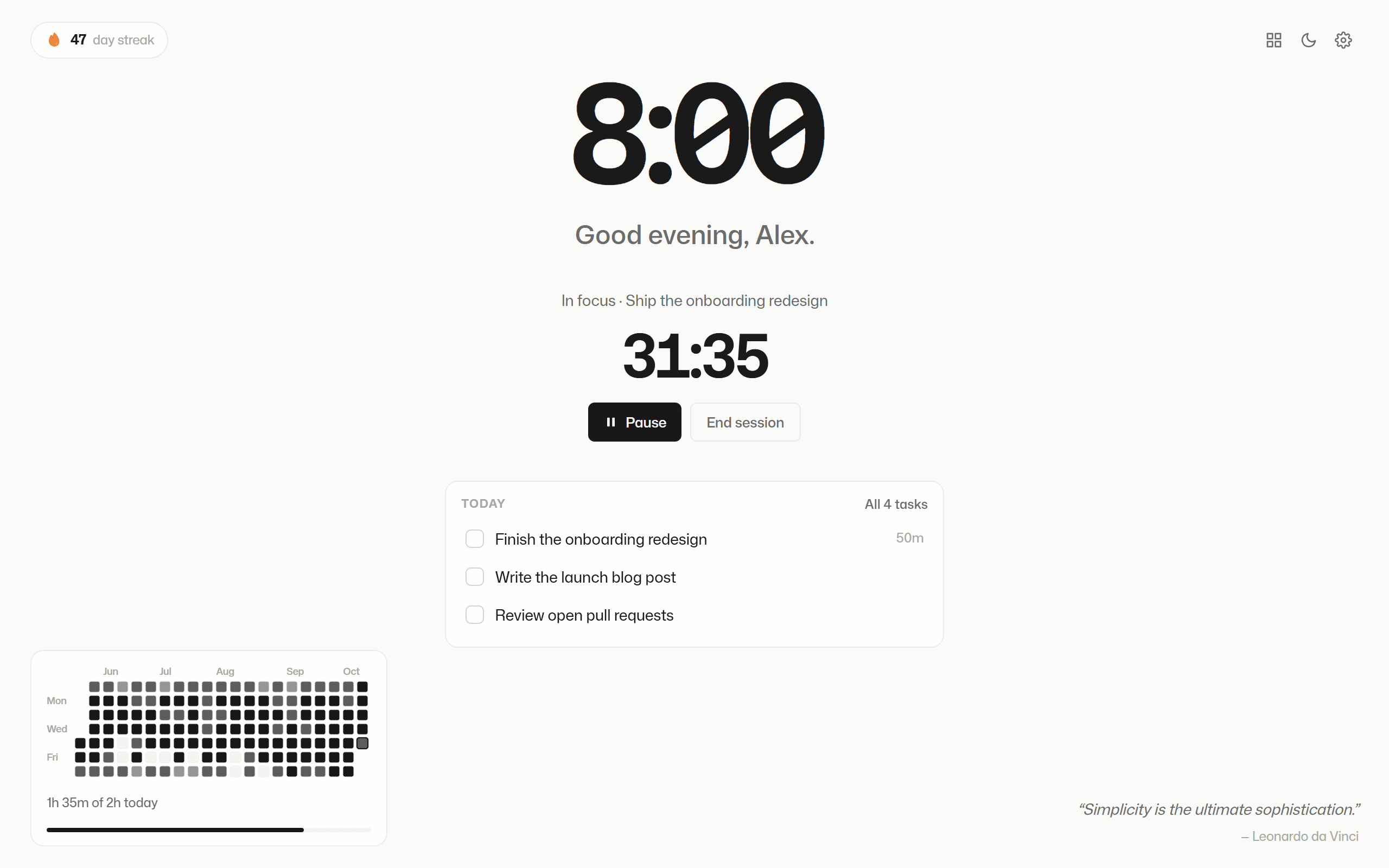 ZenTab New Tab during a focus session with 31 minutes left and today's tasks