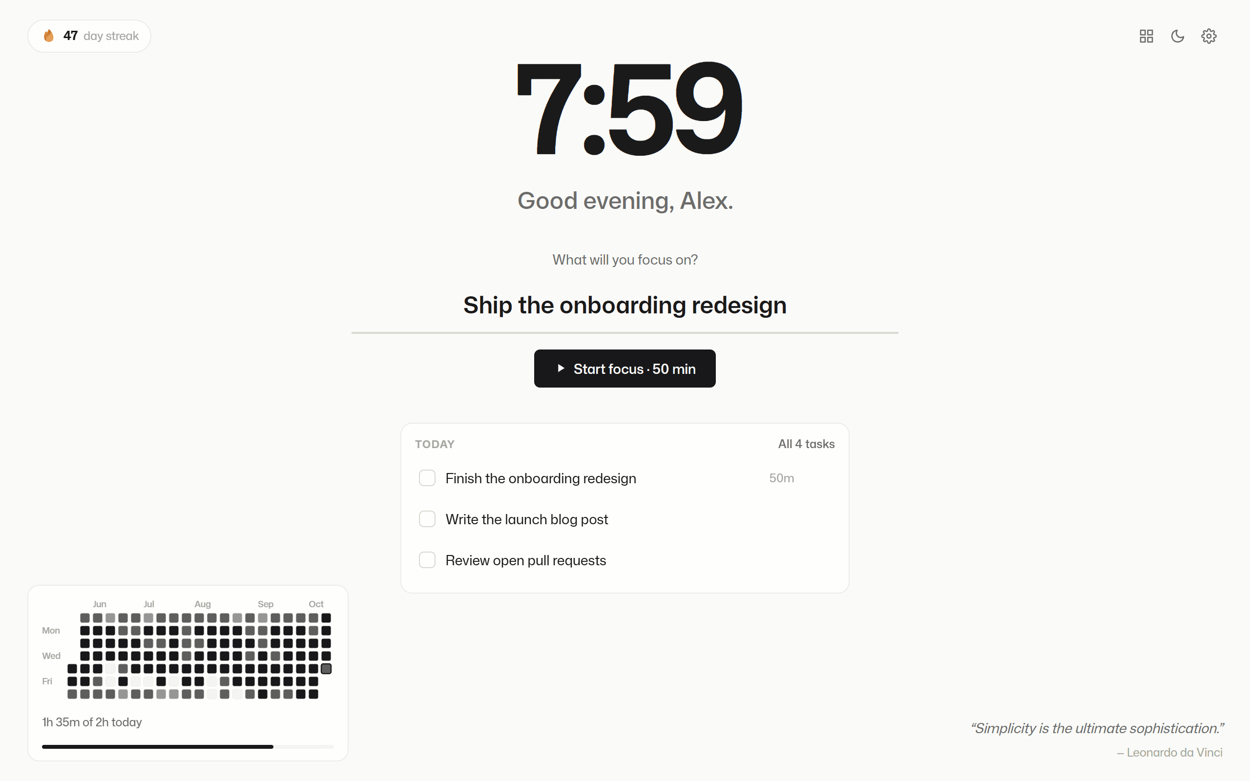 ZenTab New Tab with the clock, the question 'What will you focus on?', a Start focus button and three tasks
