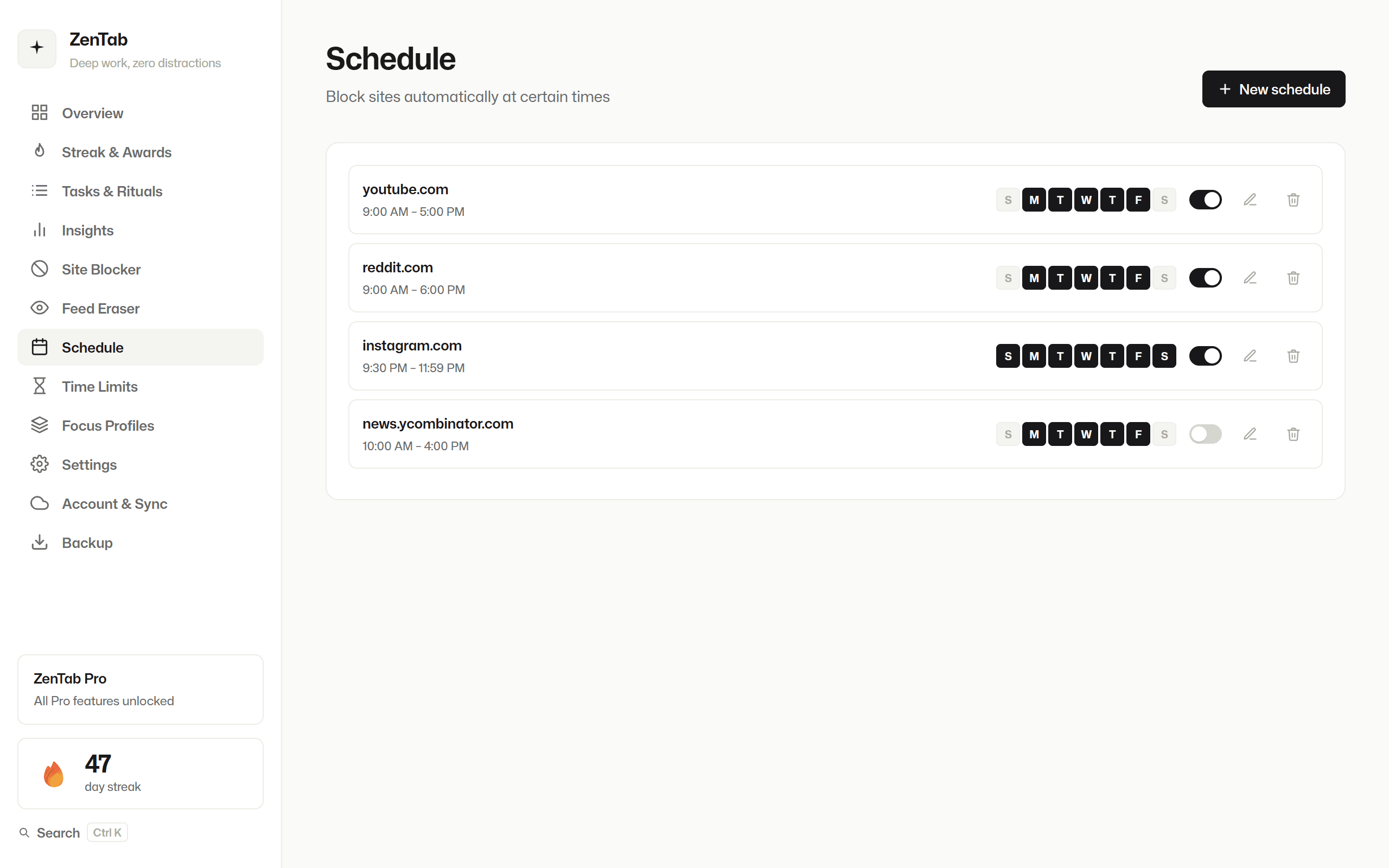 ZenTab Schedule tab blocking YouTube and Reddit on weekdays and Instagram every night