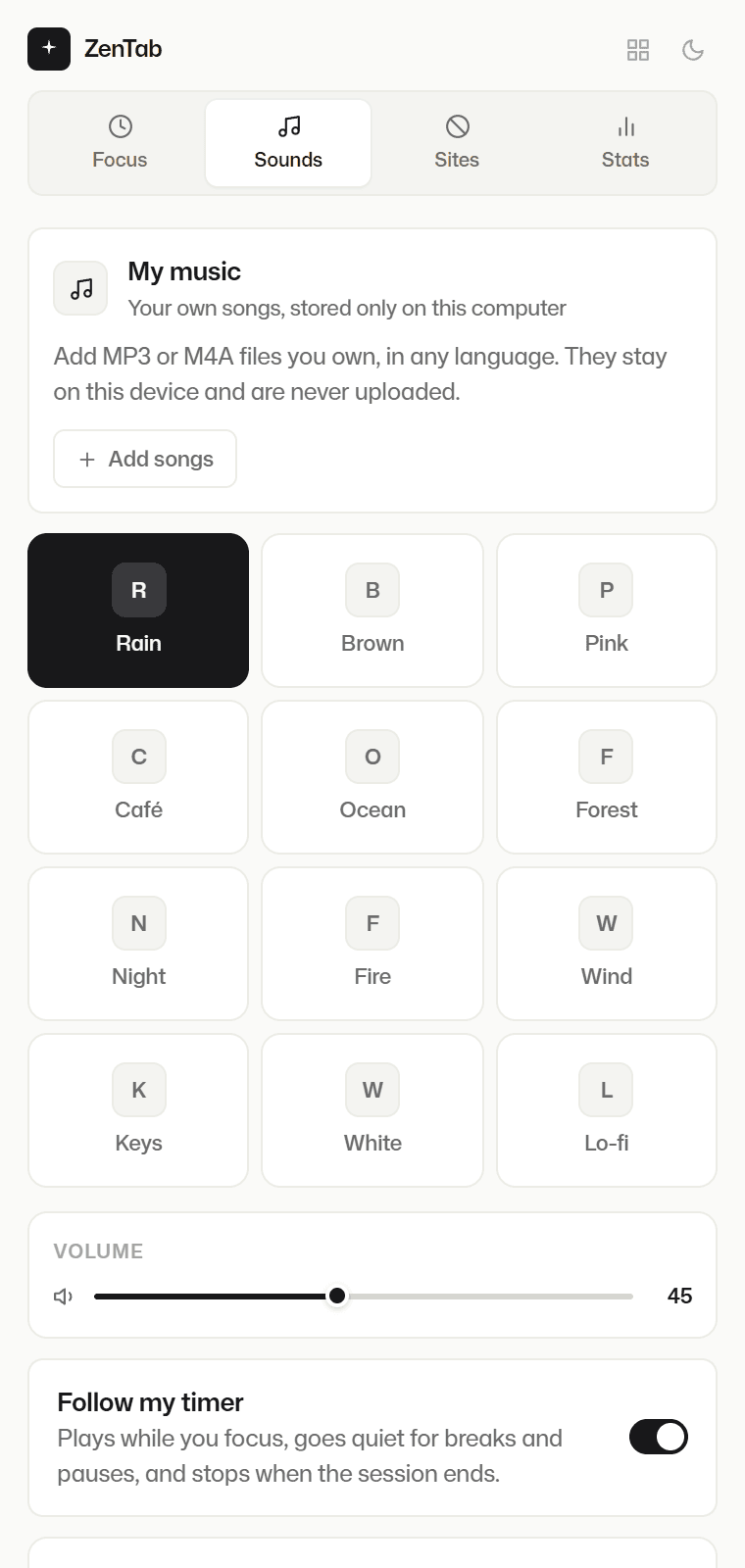 ZenTab side panel Sounds tab with twelve ambience tracks and an Add songs button