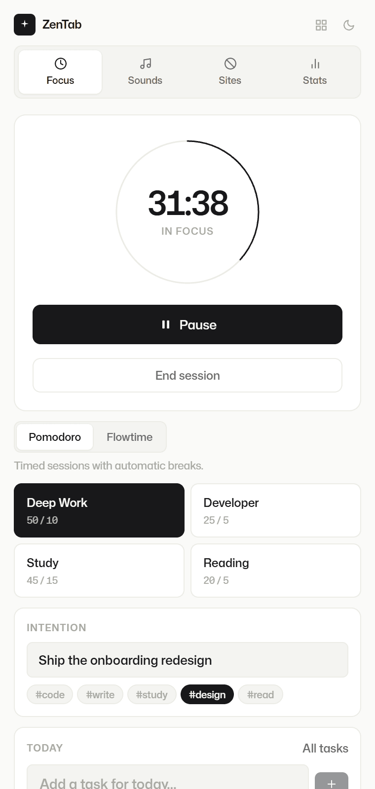 ZenTab side panel with a running timer, Pomodoro presets and the current intention