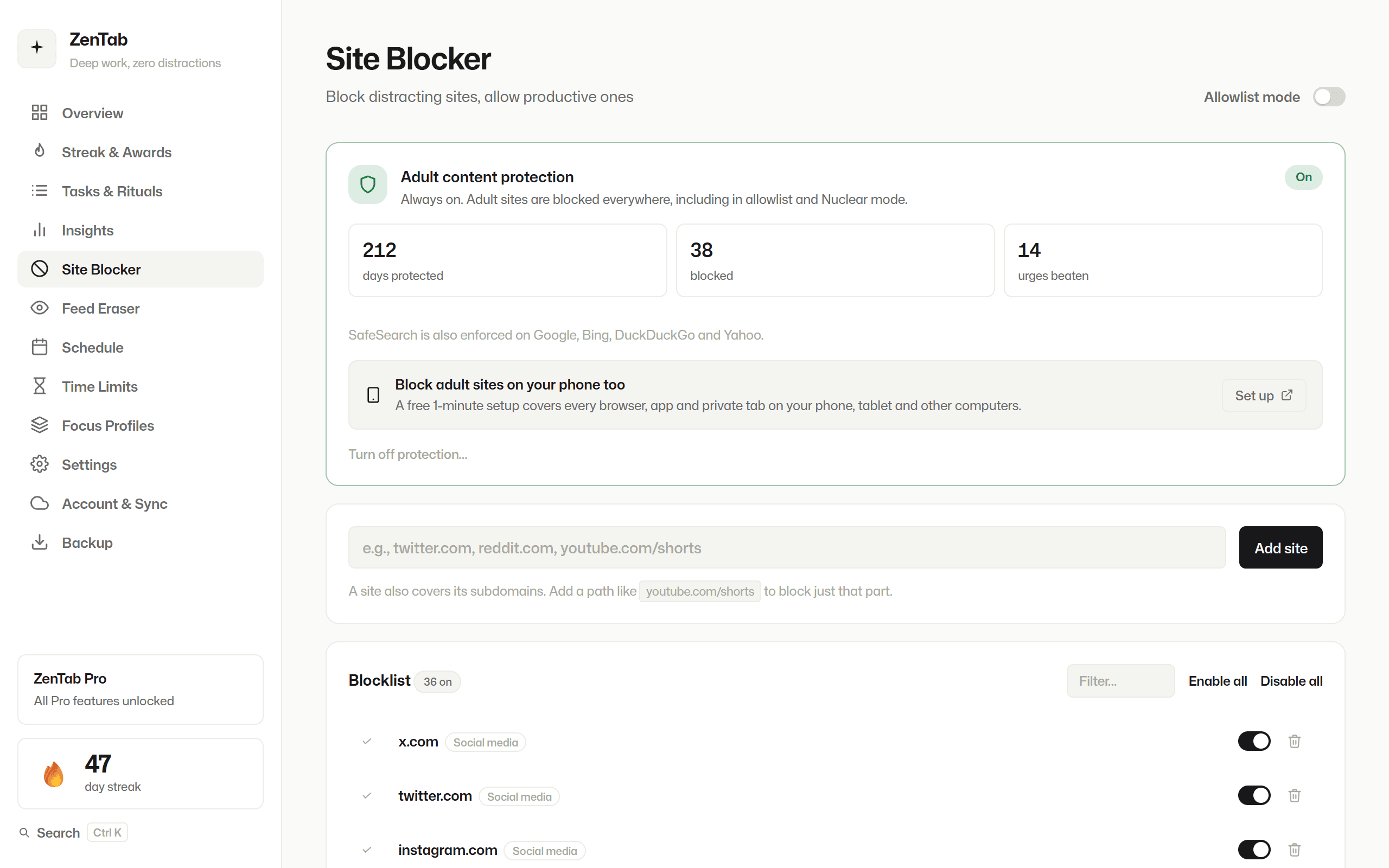 ZenTab Site Blocker with adult content protection stats and a blocklist of social media sites