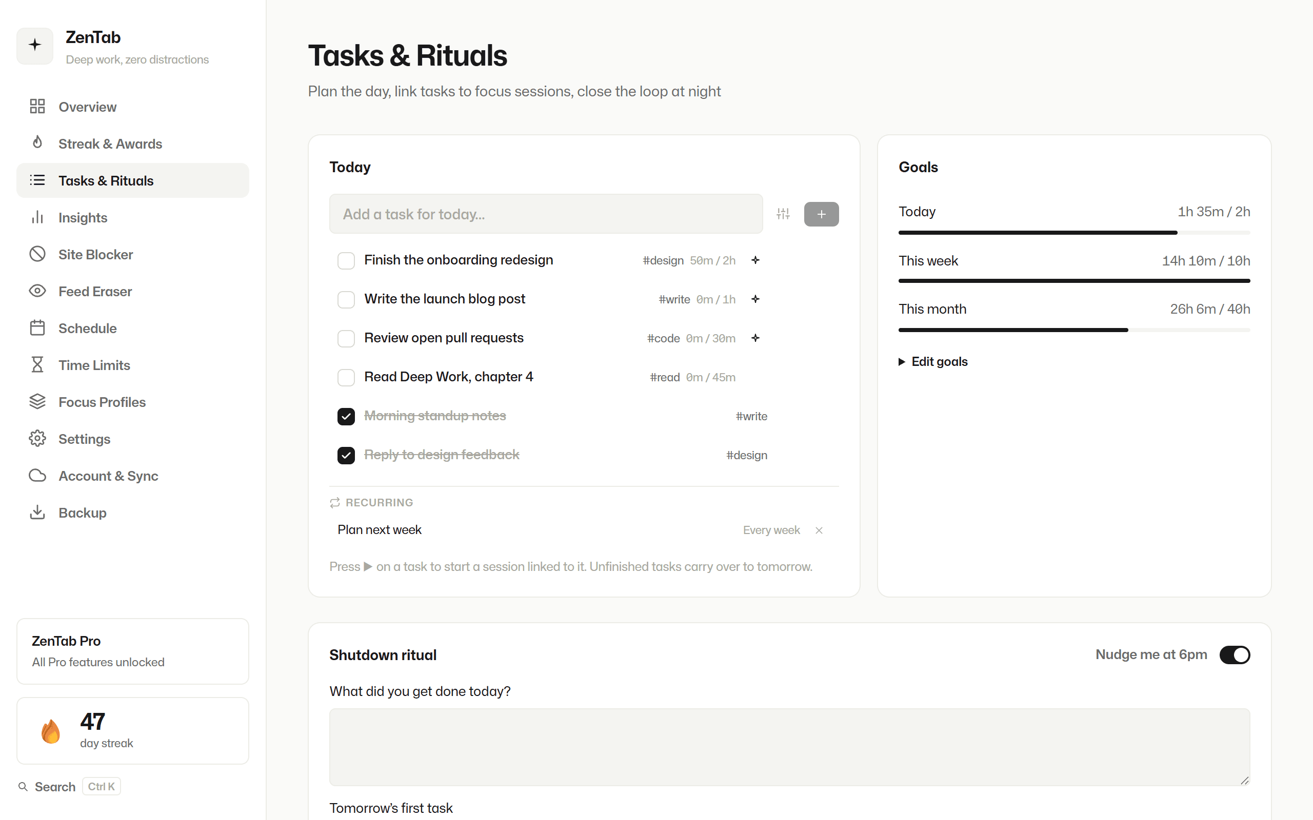 ZenTab Tasks & Rituals with today's tasks, daily, weekly and monthly goals and a shutdown ritual