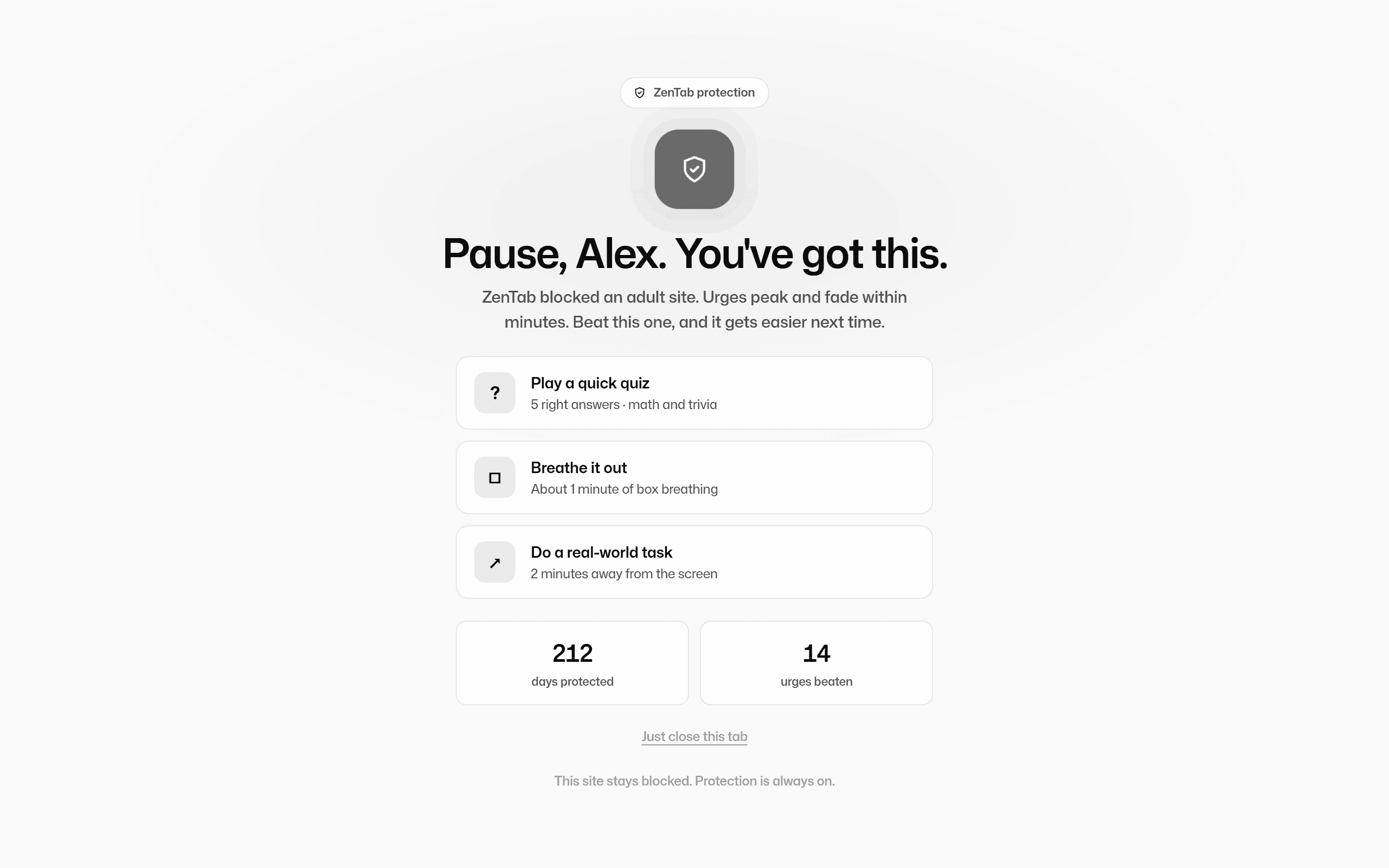 ZenTab adult content block page offering a quiz, breathing or a real-world task, with 212 days protected and 14 urges beaten